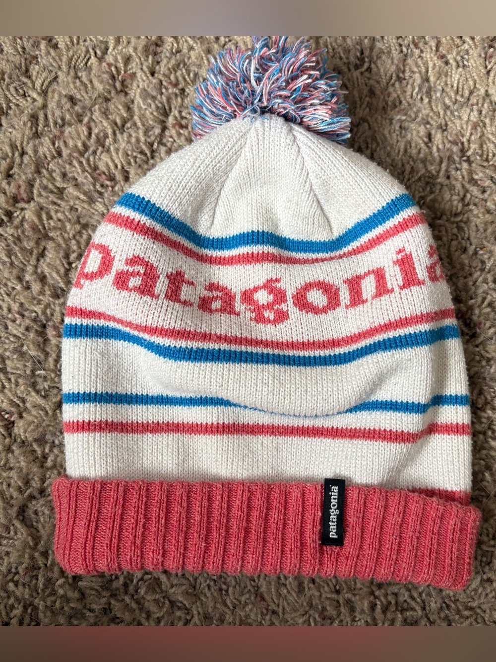 Patagonia Kids Pom Beanie in White, Pink and Blue